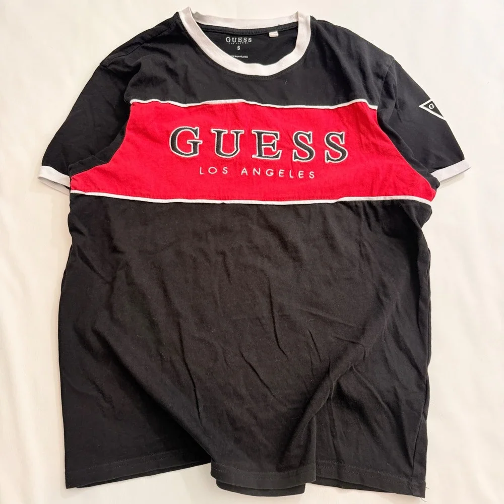Guess T-Shirt Men S Black Red Colorblock Embroidered Logo Ringer Tee